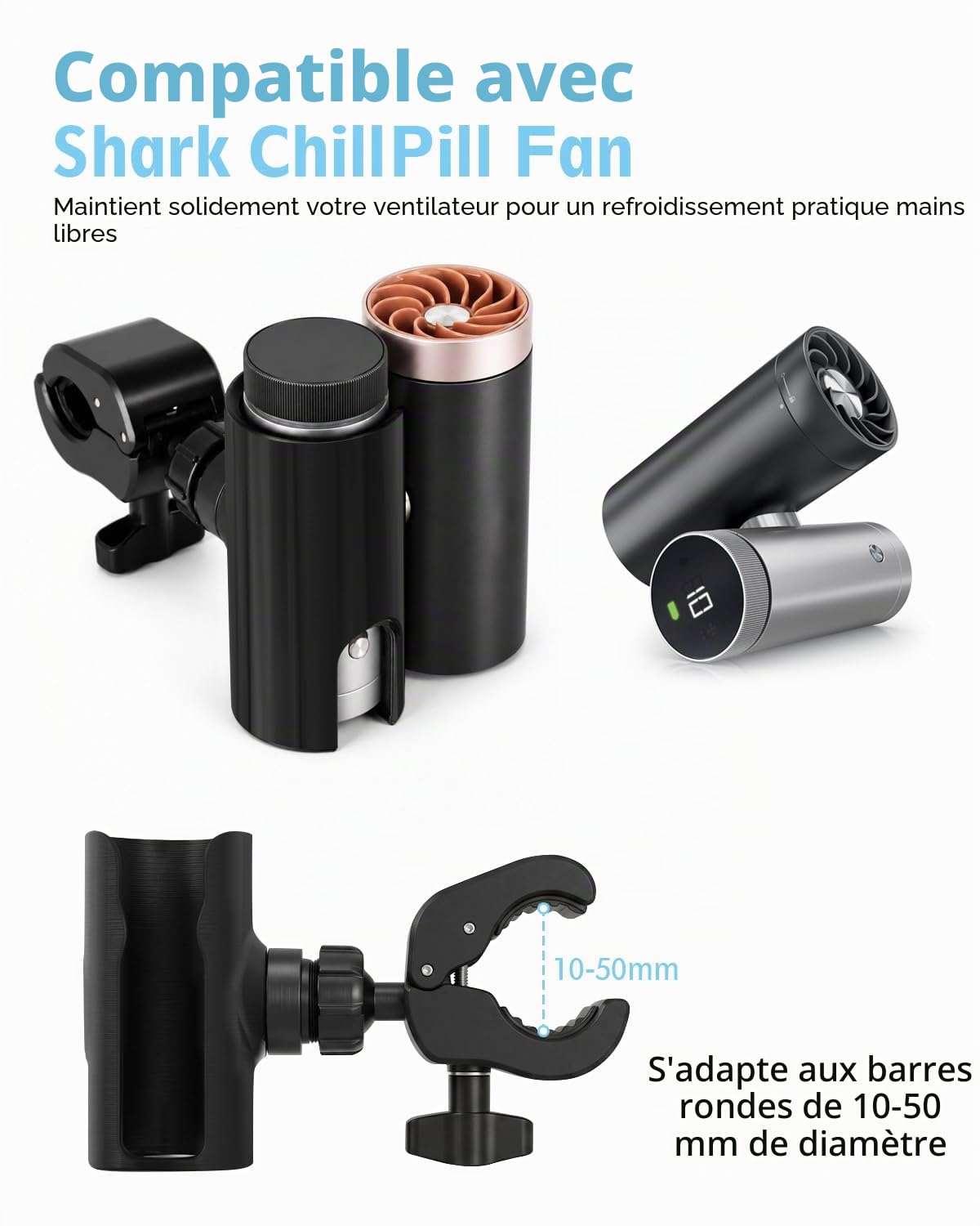 BoomBa Ventilateur portable avec pince pour Shark ChillPill - Ventilateur de refroidissement personnel 3-en-1 - Support réglable pour poussettes, vélos, chariots de golf, équipement de gym et plus