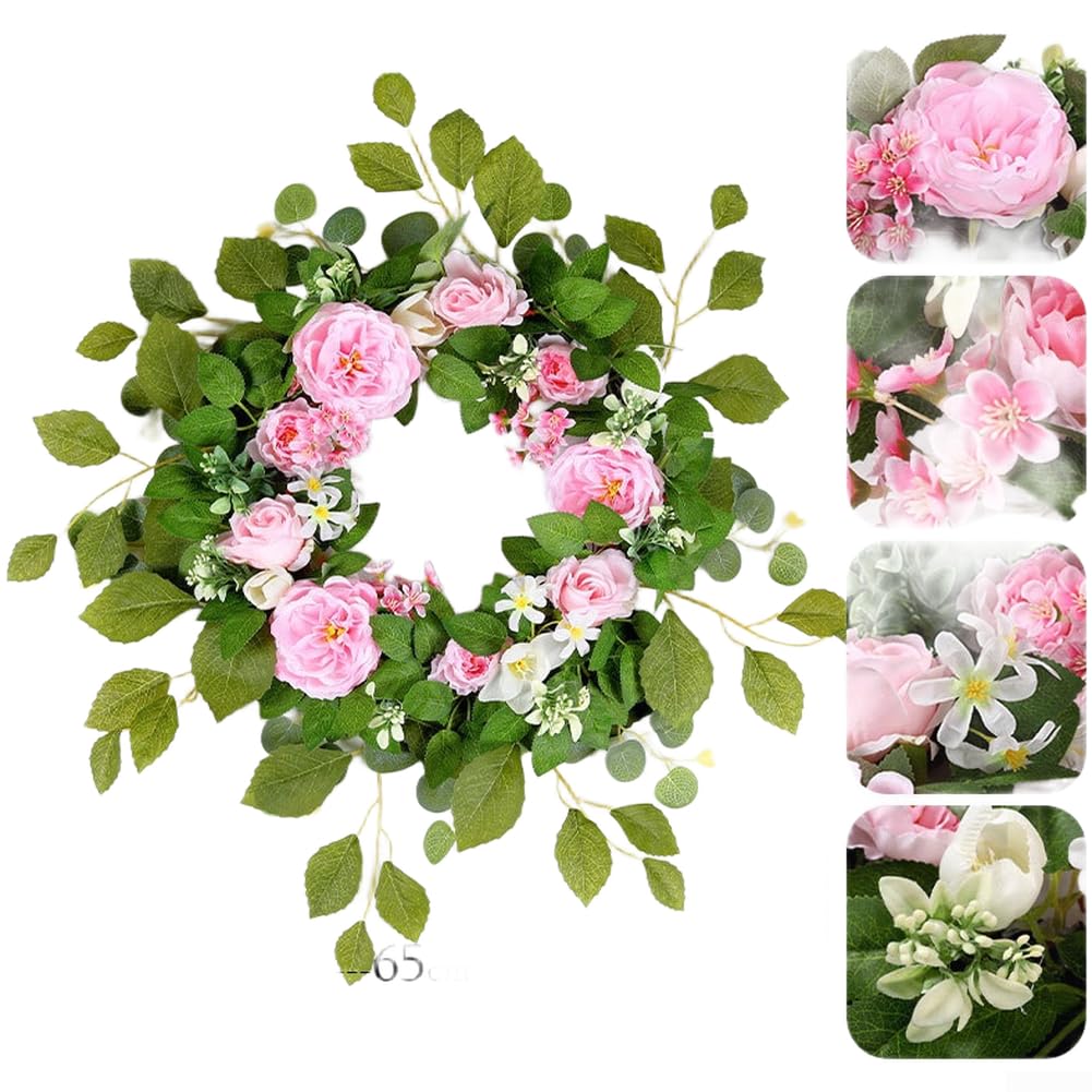 Corona floral artificial con ramo de rosas, peonías, eucaliptos y girasoles, 65 cm de diámetro, decoración del hogar para boda (polvo)