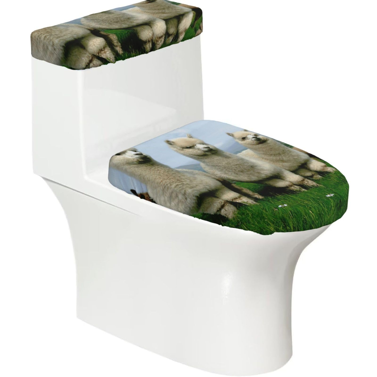 Alpaca Family Print 2-Piece Stretch Toilet Cover Set, Elastic Breathable Toilet Seat and Tank Lid Protector