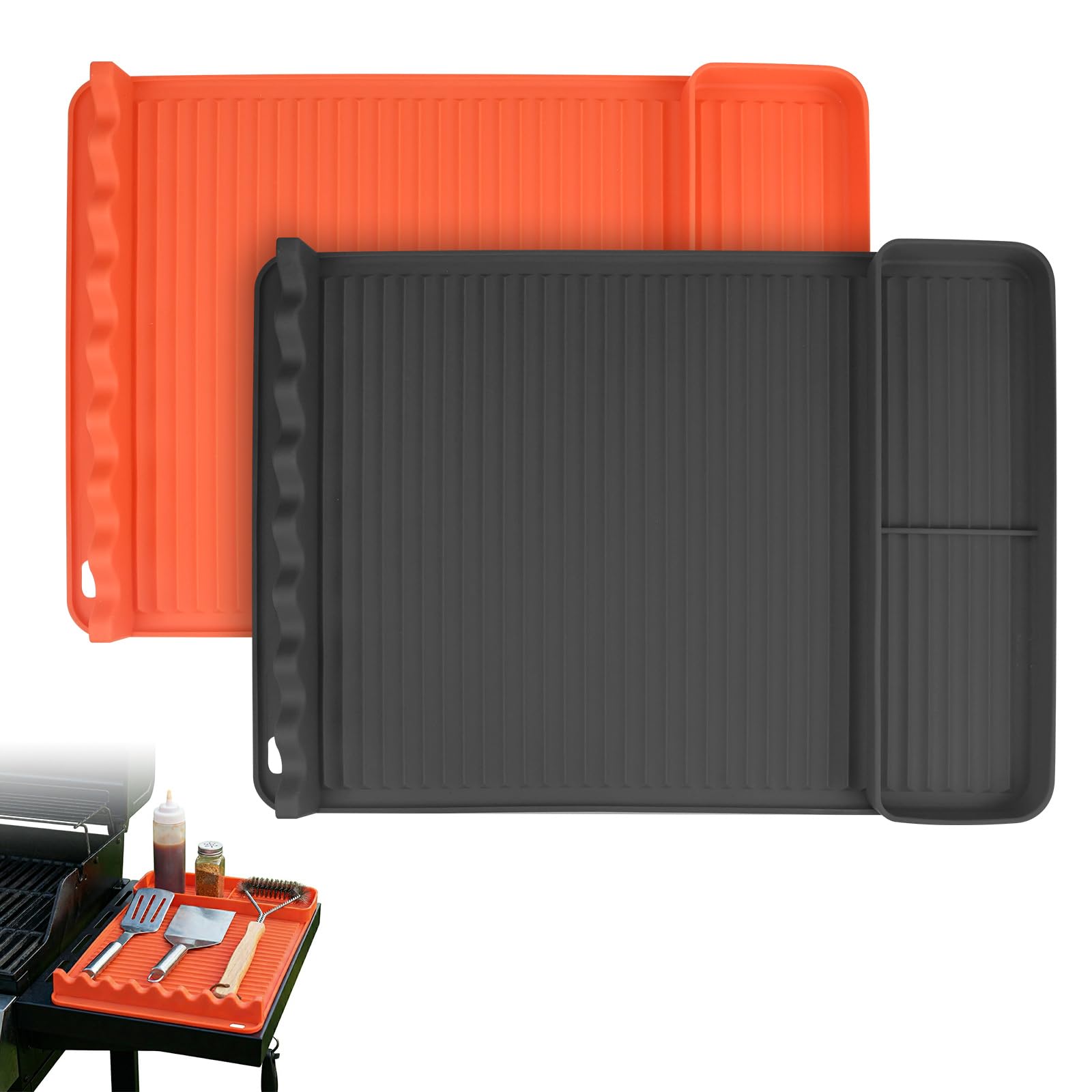 Silicone Griddle Tools Mat - 2 Pack Reusable Grill Side Shelf Mat for Barbecue Tools, Large Silicone Spatula Holder Mat for Heat Resistant Countertop Organizer, 40.5 x 29.2 cm, Orange and Black