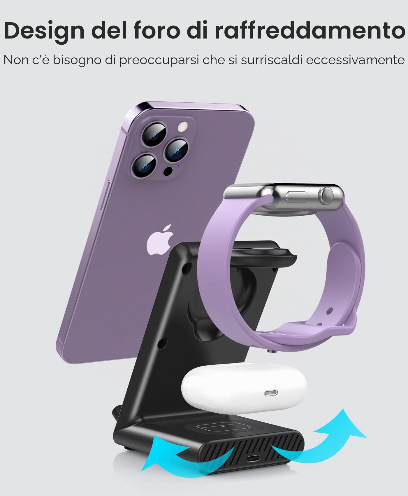 Caricatore wireless 3 in 1, Supporto di Ricarica per iPhone 17 16 Pro Max/17 Air/16e/15 14 13 12 11 Serie/XS/8, Stazione di Ricarica Wireless per Apple Watch Ultra 11 10 9 8 7 6 SE 5 4, Air Pods Pro 3