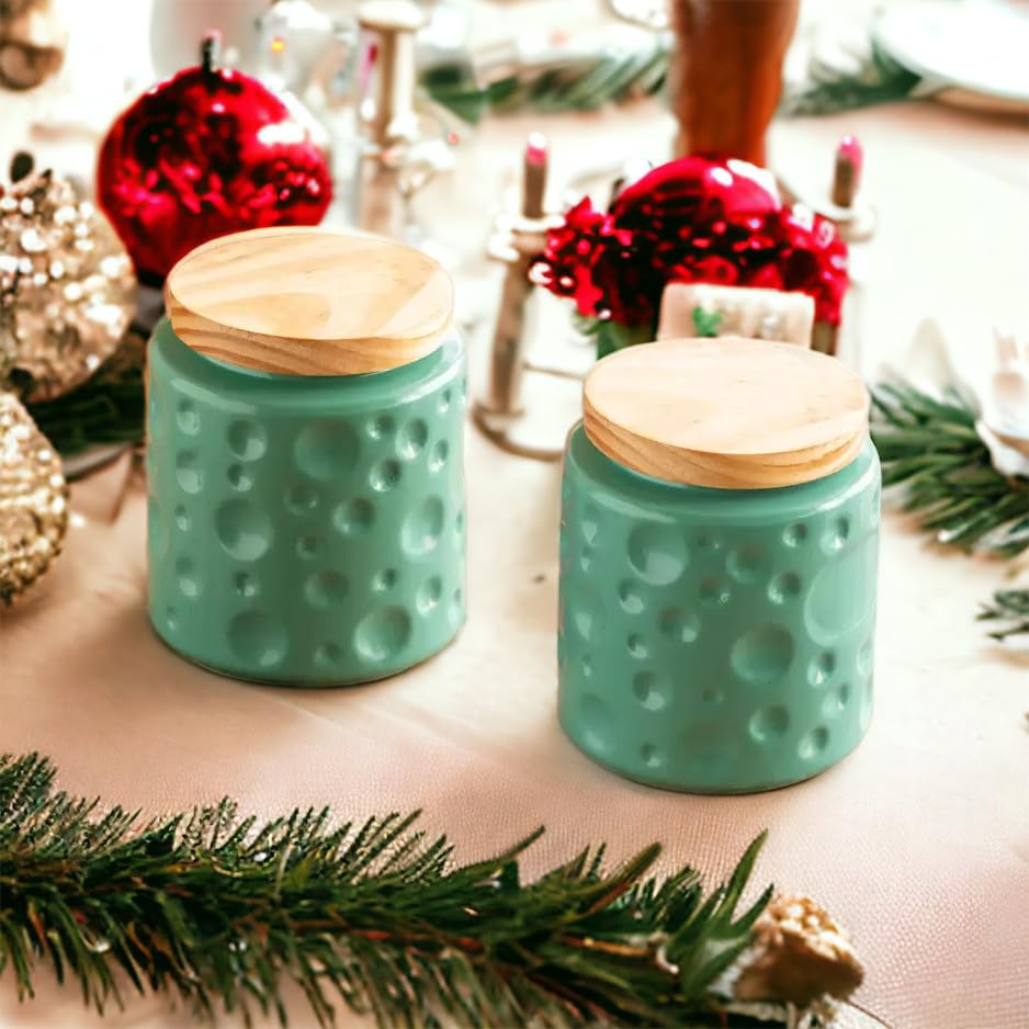 Image of Ceramic Kitchen Storage Jar Set of 2 (750 ml)| Airtight Green Canisters for Tea, Sugar & Spices | Modern Storage Containers | Airtight Pickle /Barni Jars with Lid | Countertop Food Jars for Kitchen
