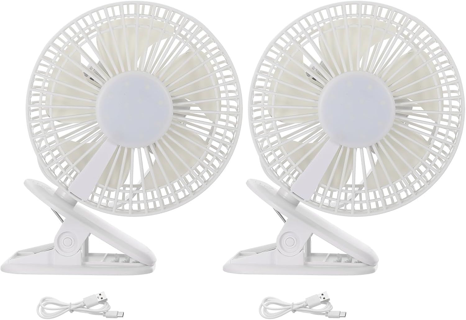 PATIKIL Portable Desk Fan, 2 Pcs Camping Fan 6 Inch with LED light 3 Speeds Strong Airflow Sturdy Clamp Rechargeable Battery Powered for Tent Camping, Home, Office, White