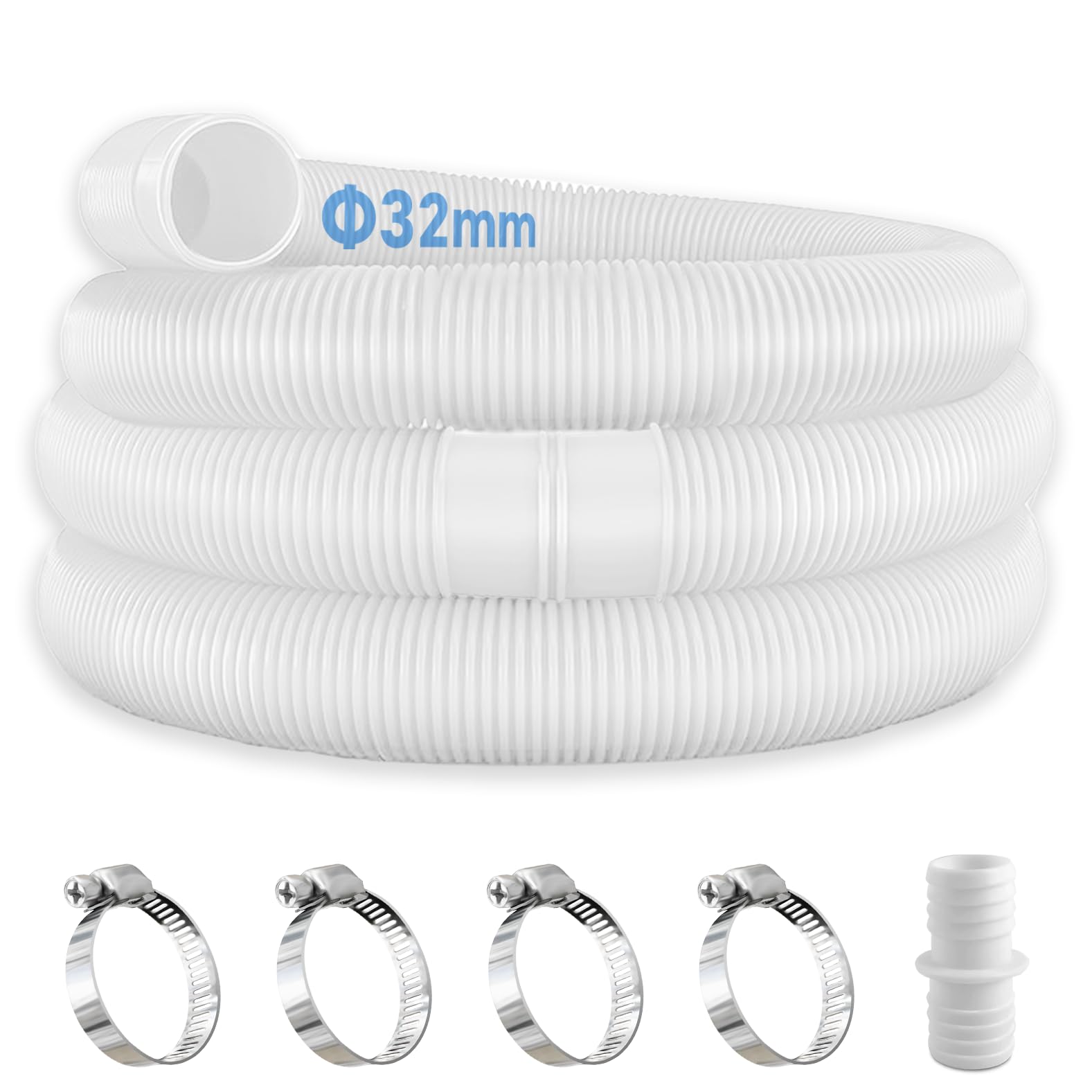 Lot de 2 tuyaux de piscine de 32 mm pour pompes de piscine avec 4 clips de sécurité et 1 raccord de tuyau, tuyau de piscine de 150 cm et 32 mm, pour pompe à filtre et piscine