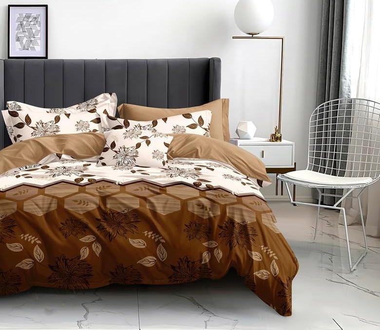 Image of DECOMIZER XL Microfiber Soft Cotton Queen Bedsheet for Double Bed, Queen Size 90 Inches X 100 Inches, 230 X 250 cm with 2 Large Size Pillow Covers - HalfCoffeeHexa