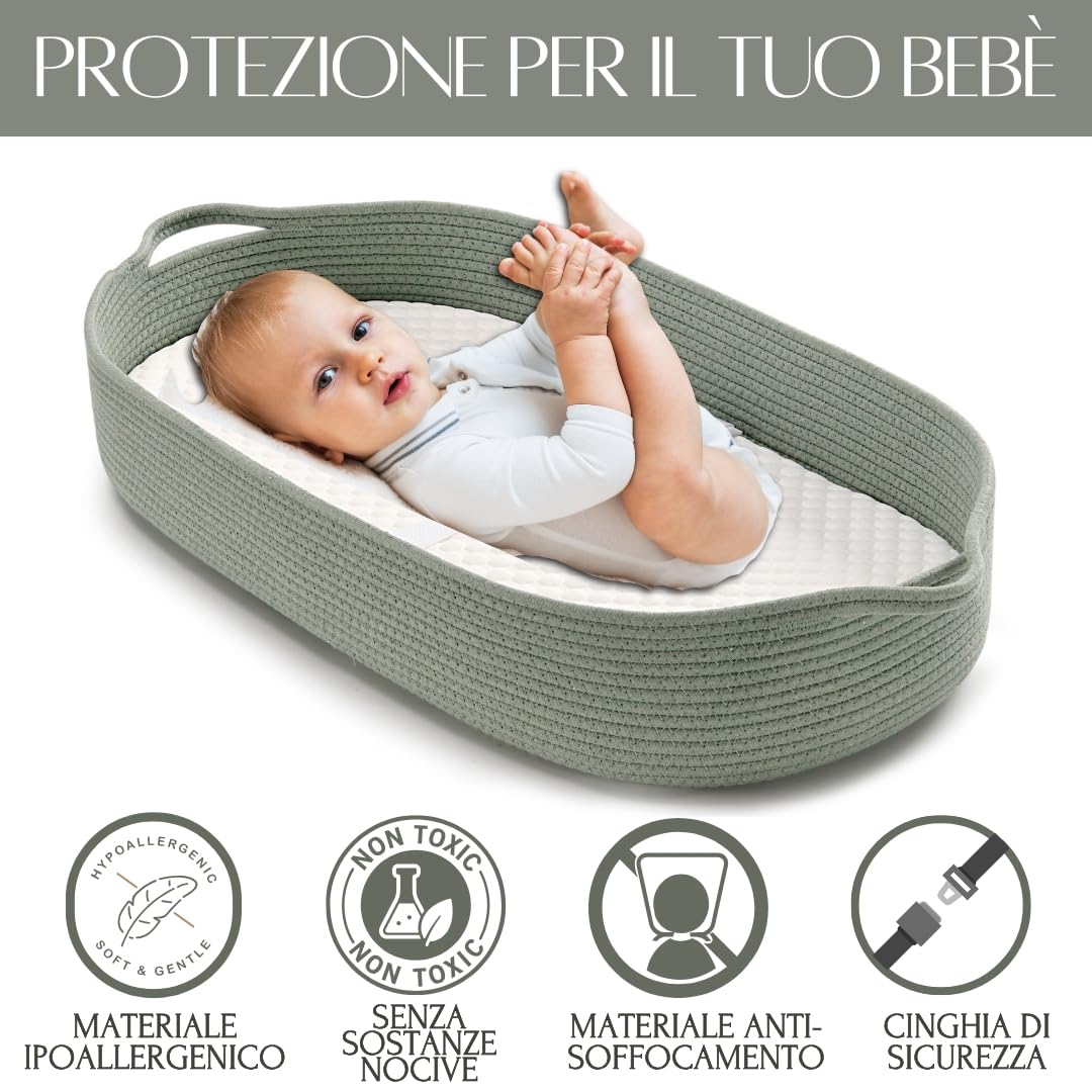 Cesta Fasciatoio per Neonati – Cestino Portatile con Materasso Impermeabile – Fasciatoio da Tavolo o da Viaggio – Moses Cestino per Comò – Design Verde Decorazione Stanza Bambino (Verde)