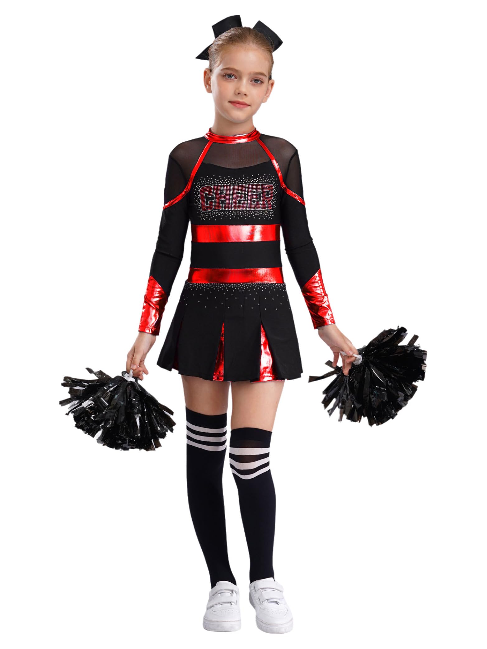 Miaeowve 4 Pcs Girl Cheerleading Uniform Dress Cheer Leader Costume Cosplay Outfits for Kids Halloween Carnival Dress up Red&Black 11-12 Years