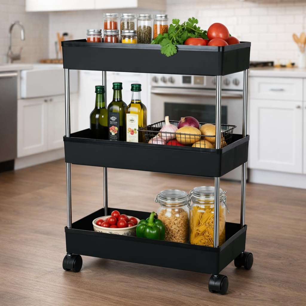 Umite Chef 3 Tier Kitchen Trolley Organizer with Wheels | Multipurpose Storage Rack | Vegetable & Fruit Basket Stand | Rolling Utility Cart for Kitchen, Bathroom, Office - Black-image-18