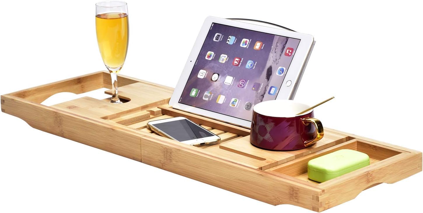 Lucario Bathtub Tray | Holds Book Open with Removable Water Shield | Luxury Bath Tray | Extendable Bath Tub Tray Table | Bath Tray for Tub with Wine Holder | Bathtub Caddy for Home