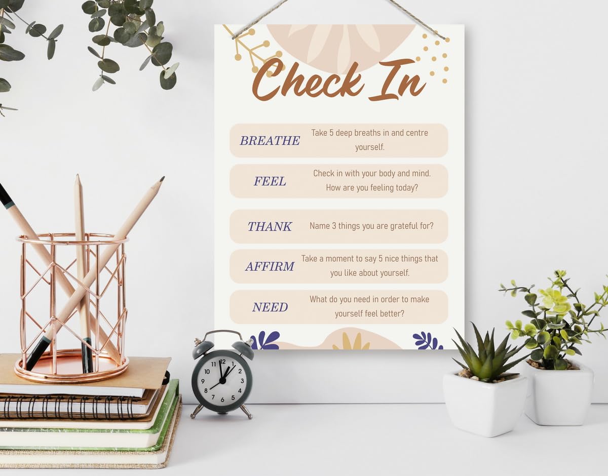 BQL Therapy Decor, Self-Care Check-In Wall Art, Positive Psychology Wood Sign, Emotional Learning Wall Art, Decorations for Counsellor Office, 8x10 inches, Unframed, Indoor, Home Office 1