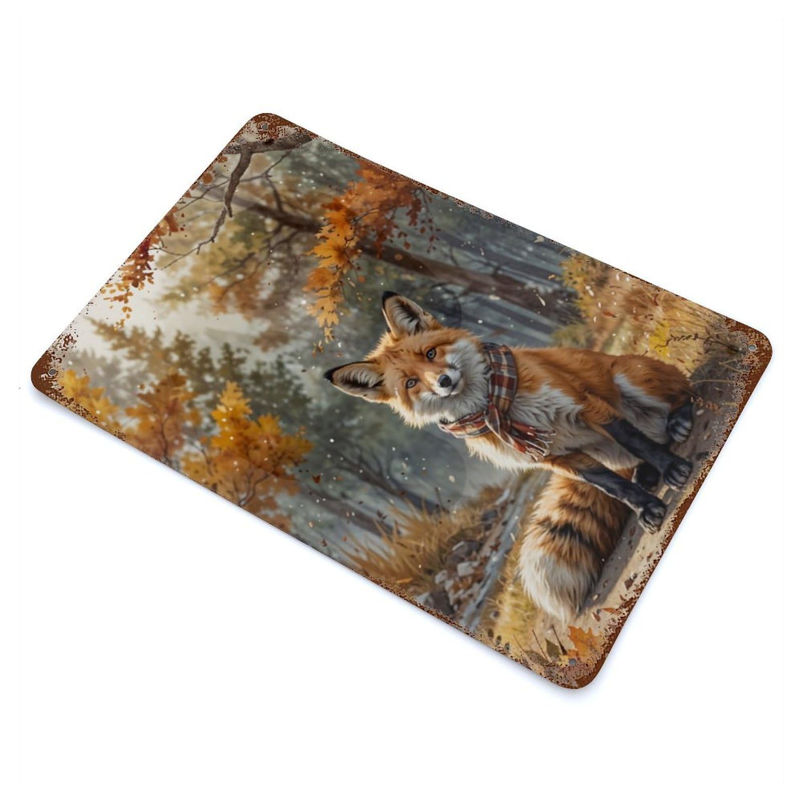 Fox in Autumn Woods Rust Effect Tin Sign 11.8"x7.9", Rustic Home Decor for Garage, Bar And Workshop Decor