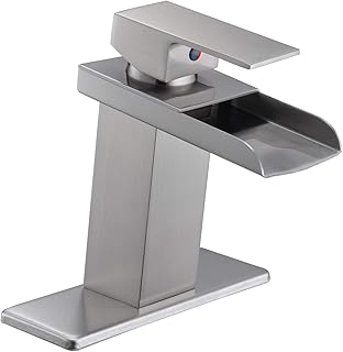Bathfinesse Waterfall Bathroom Faucet Brushed Nickel Faucet for Bathroom Sink Single Handle Single Hole Modern Sturdy Contemporary Deck Mount Supply Hose Mixer Tap Lead-Free