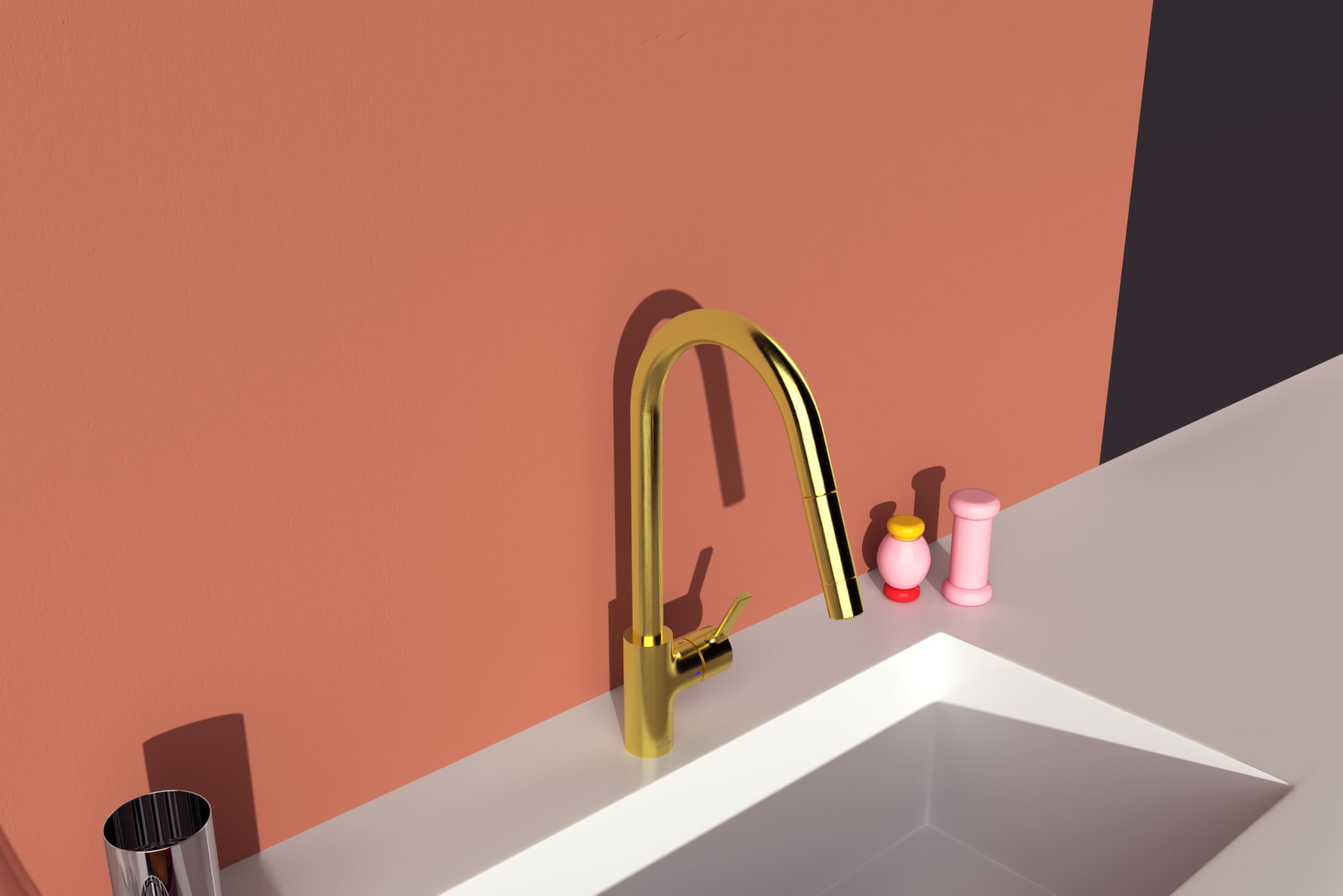 Ideal Standard – Gusto Monomando de cocina, Caño redondo en C, con rociador extraíble y dos modos de chorro, caño giratorio 360°, fácil de instalar con fijación EasyFix+, Oro Cepillado