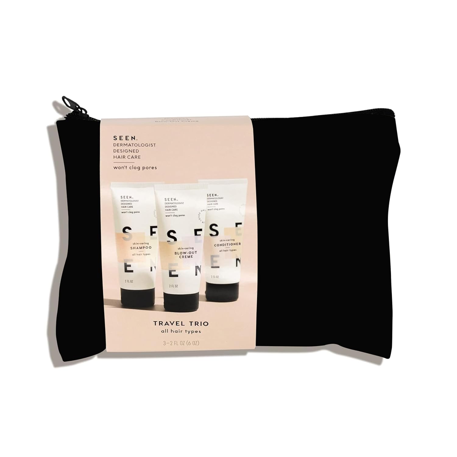 SEEN Travel Trio, Scented - Non-Comedogenic Blow-Out Hair Cream, Shampoo & Conditioner Set - Dermatologist-Developed- Reduces Frizz- Heat Protectant - Safe for Sensitive & Acne-Prone Skin