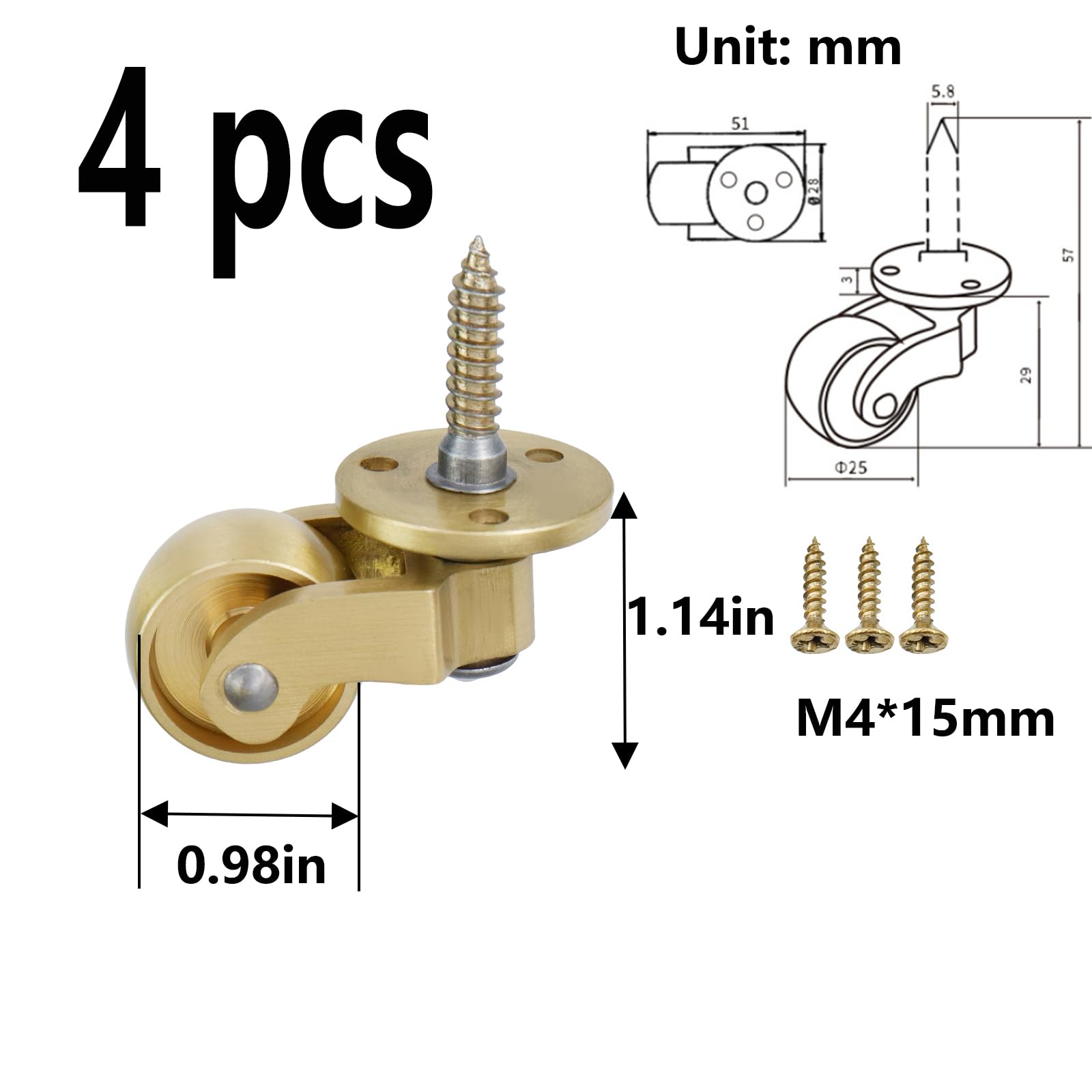 4 Vintage Style SOLID BRASS Strong Swivel Caster Wheels Brass Round Heavy Duty