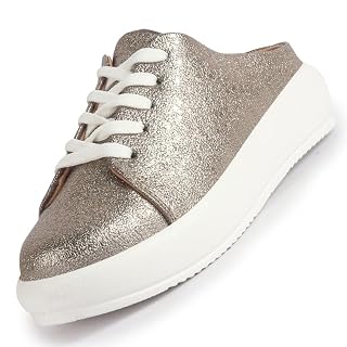 FAUSTO FST 1373 ANTIQ-37 Women Antique Back Open Glitter Mule Sneakers with Lace-Up Front | White Platform Sole Slip On Shoe | Memory Cushioned Insole (4 UK)