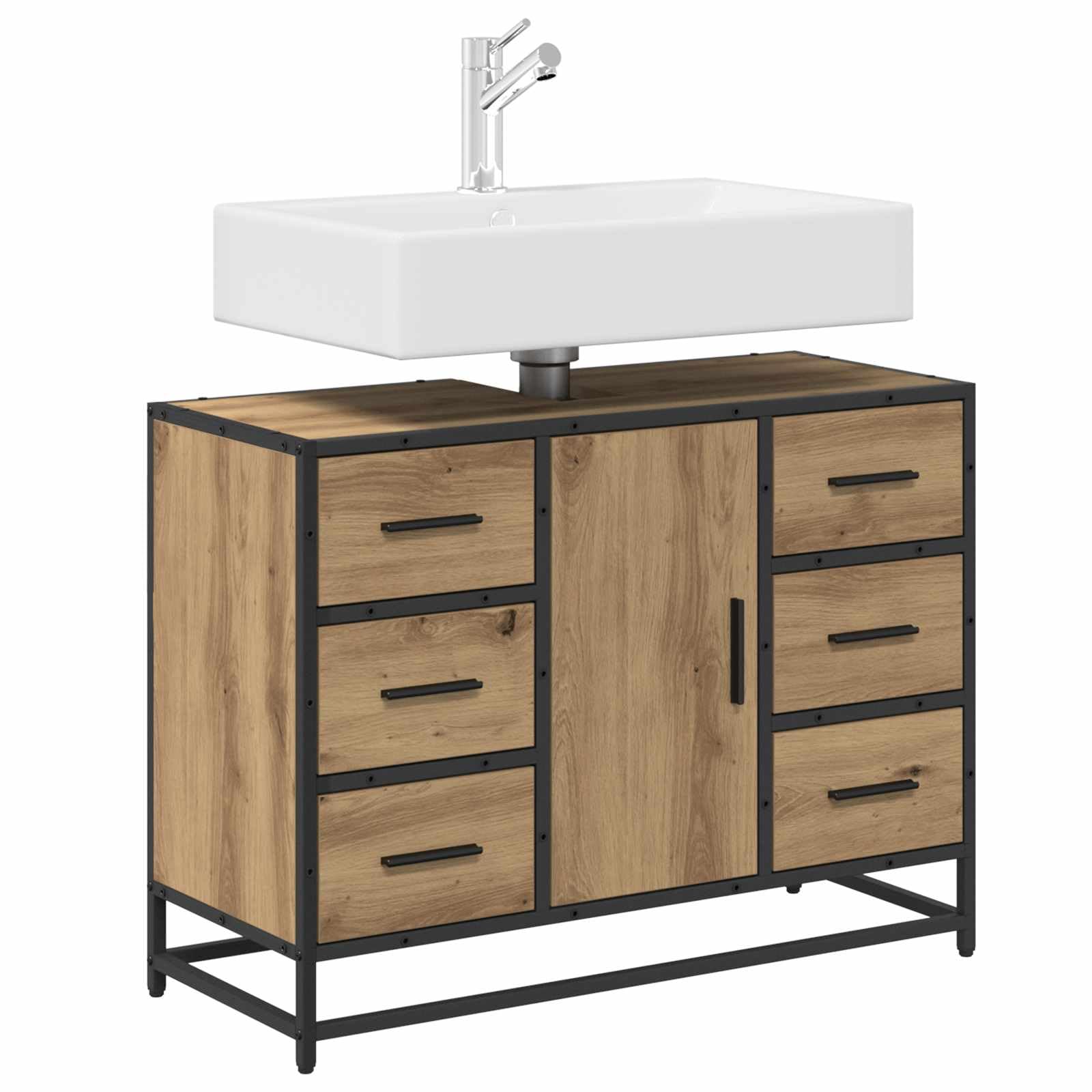 Badezimmerschrank Artisan-Eiche Holzwerkstoff 80 x 33 x 60 cm mit Schublade und Tür, moderner Badmöbel Organizer für Stauraum im Gäste-WC und Wellnessbereich