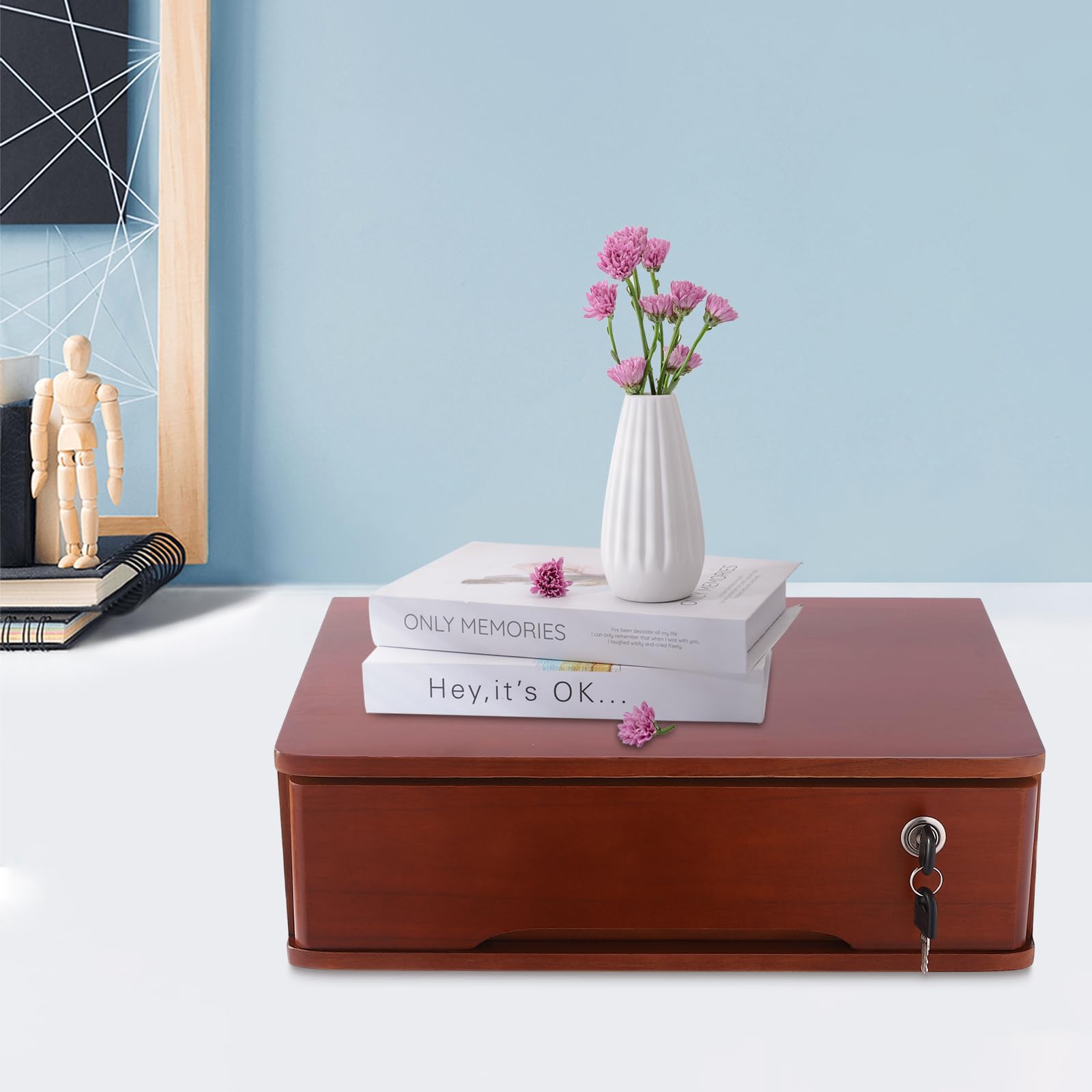 Organizer da scrivania in legno con cassetto chiudibile a chiave, per ufficio, cassetti, capacità per cancelleria, motivo ciliegia, 40 x 28 x 12 cm (colore noce)