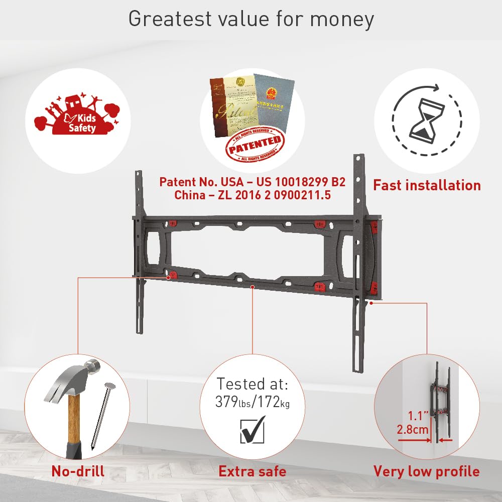 Barkan TV Wall Mount, 29-75 inch Fixed, Drywall No Stud No Drill Flat/Curved Screen Bracket, Holds up to 95 lbs, Patented, Very Low Profile, 5 Year Warranty, Fits LED OLED LCD, Black (ND400.B)