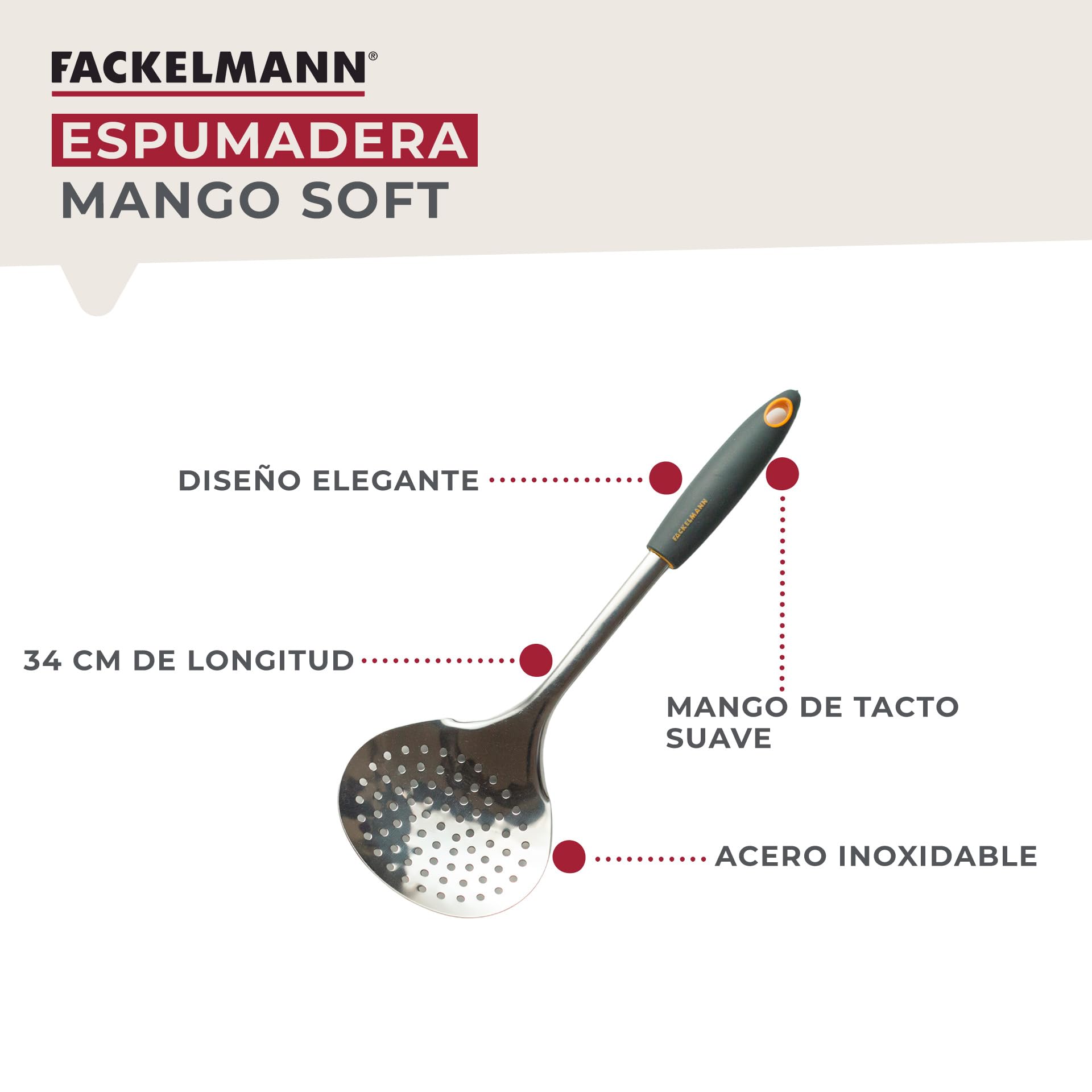 FACKELMANN Espumadera 34cm. Soft, polipropileno, TPR, acero inox, color inox, naranja y gris. 1 ud.