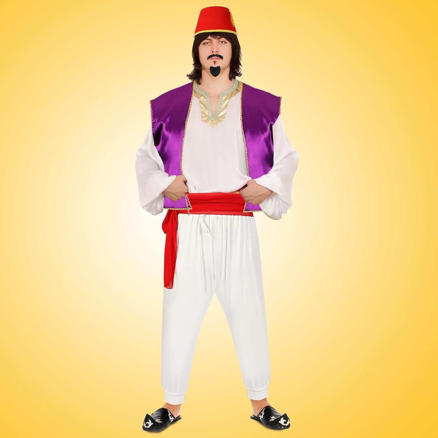 Zhanmai Men's Arabian Prince Costume Set Purple Vest Harem Pants Red Fez Felt Hat Sash Beard for Cosplay Party(Medium) - Image 3