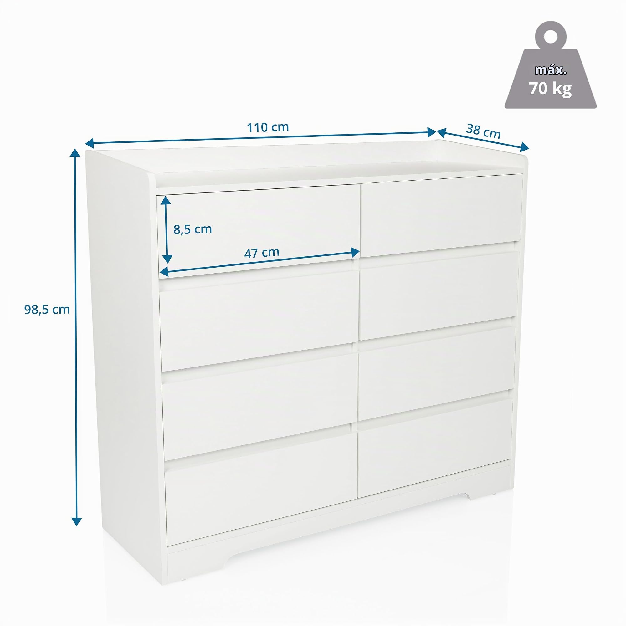 Cómoda con 8 cajones OSOYRO 110x38x98,5 cm Mueble aparador para salón Dormitorio Pasillo, sin Tiradores, Blanco
