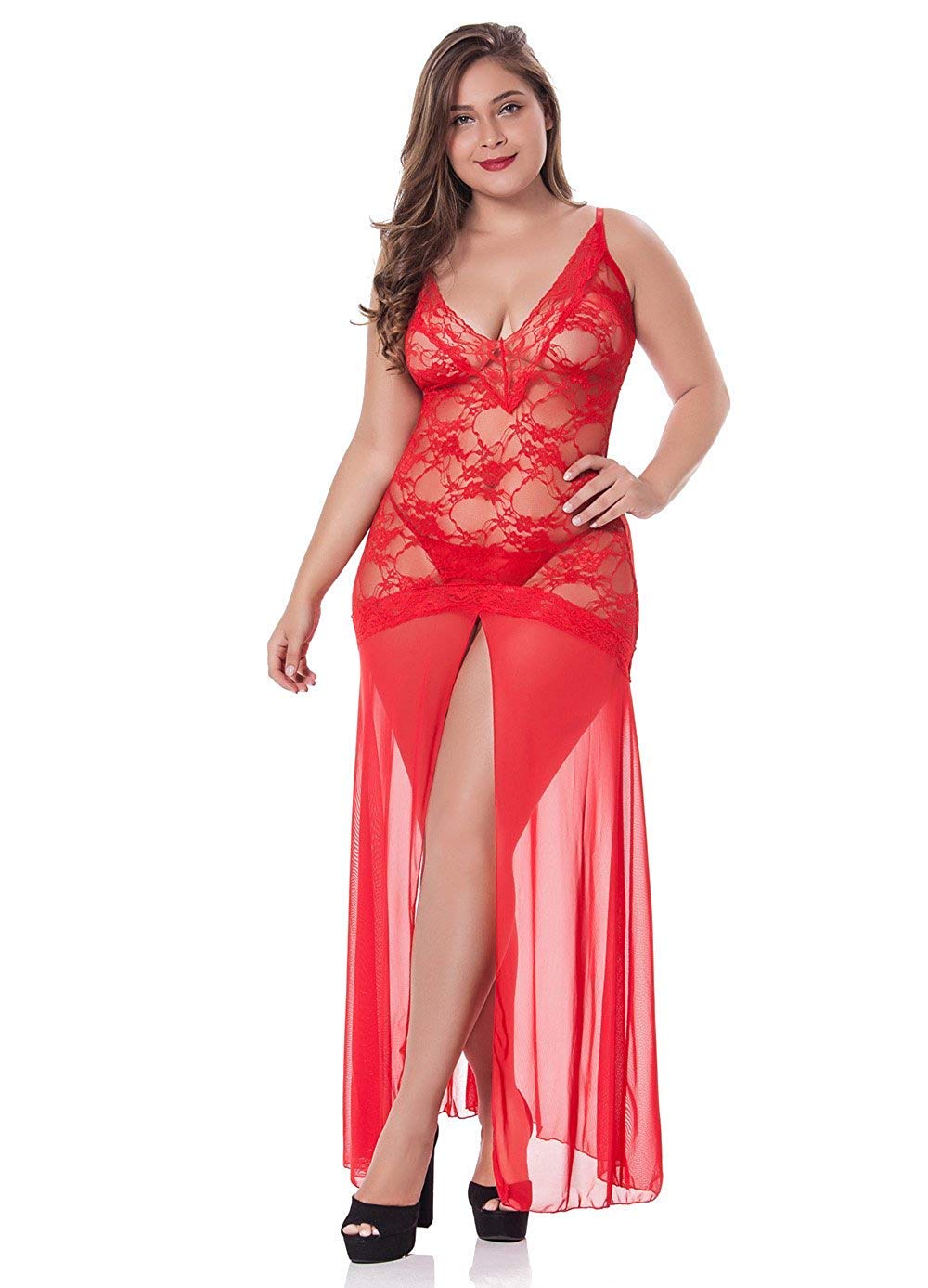Women's Floral Lace Plus Size Babydoll Lingerie Set Sexy Split Maxi Long Nightgown Dress