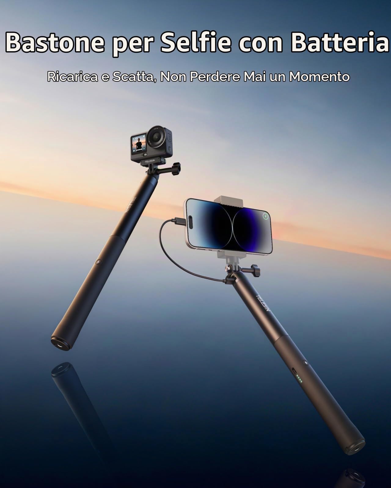TELESIN 102 cm Ricaricabile Selfie Stick Estensione Monopiede con maniglia di ricarica 5000 mAh Power Bank Maniglia di ricarica per GoPro 13-9 Insta360 DJI Osmo Action 6 5 Pro 4 3 & iPhone & Android