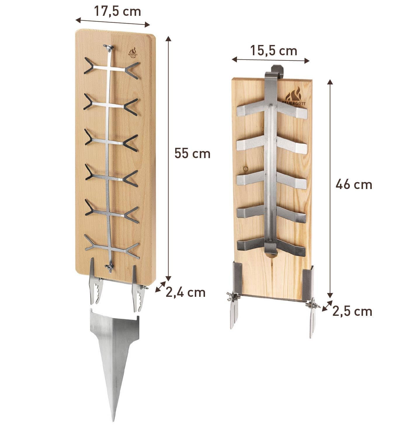 Flammlachsbrett Classic 2er-Set mit Edelstahl-Halterung zum Grillen und Räuchern von Lachs, Forellen - Zedernholz für Feuerschale, Grill, Lagerfeuer