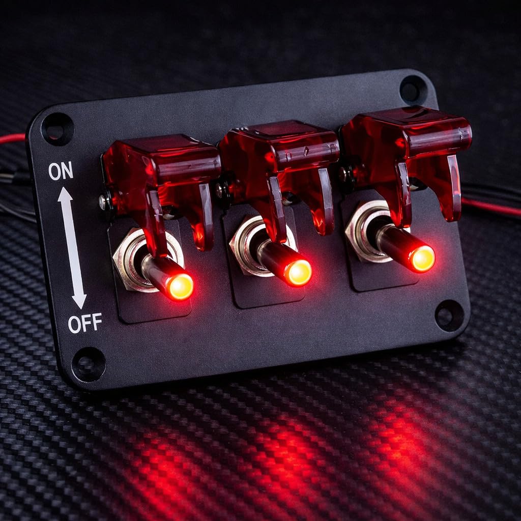 MGI SpeedWare 3-Gang Toggle Switch Panel with LED & Safety Flip Covers – Heavy-Duty SPST Rocker Switch Plate for 12V Car, Truck, Boat, RV & UTV (Red)