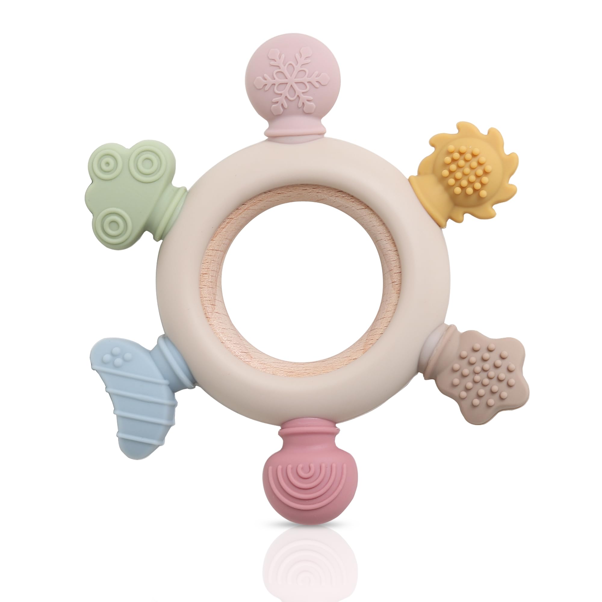 Niwlix Silicone Baby Teething Ring, Multi-Coloured Textured Sensory Toy with 6 Soothing Elements Baby Teether 6-12 Months Soft