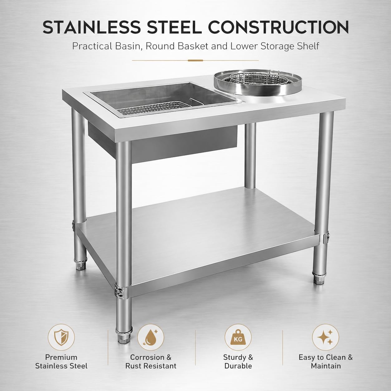 Station de cuisson commerciale en acier inoxydable – Table de préparation de poulet frit | Plan de travail de cuisine robuste | Équipement de restaurant facile à nettoyer