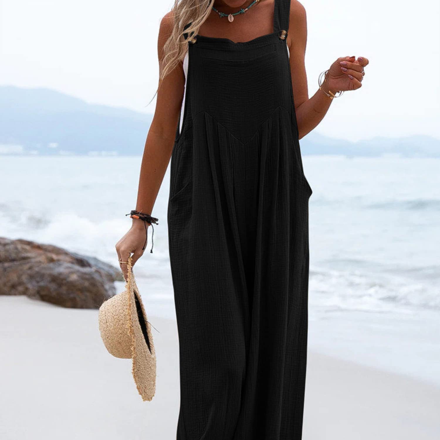 Overol para mujer, informal, holgado, overol para mujer, overol de gran tamaño, pierna ancha, con bolsillos, color sólido, talla grande 8-26, pantalones de verano