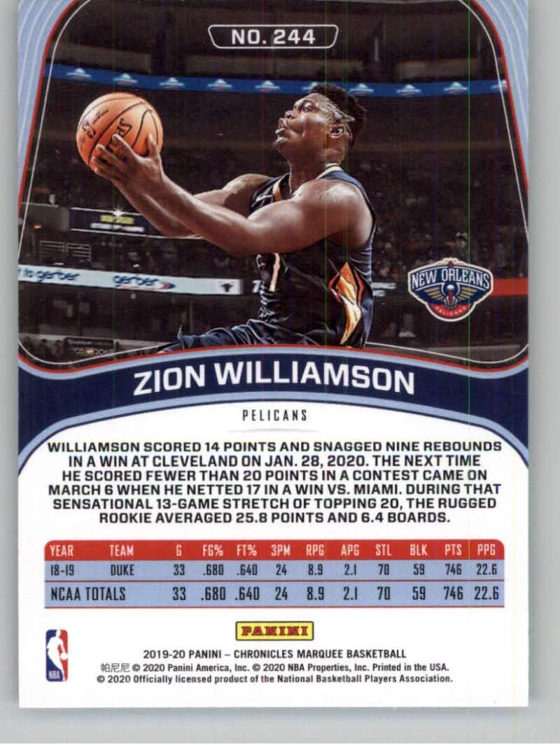 2019-20 Panini Chronicles Marquee Basketball #244 Zion Williamson New Orleans Pelicans Official NBA Trading Card From Panini America