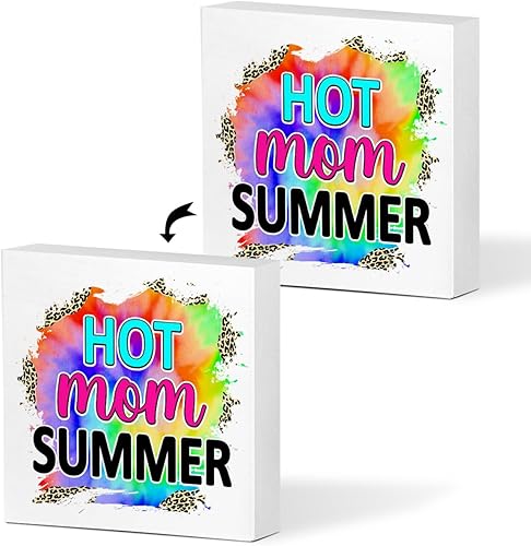 Letrero de madera de verano con texto en inglés "Hot Mom", diseño rústico de leopardo de verano, decoración de escritorio para casa costera, playa,