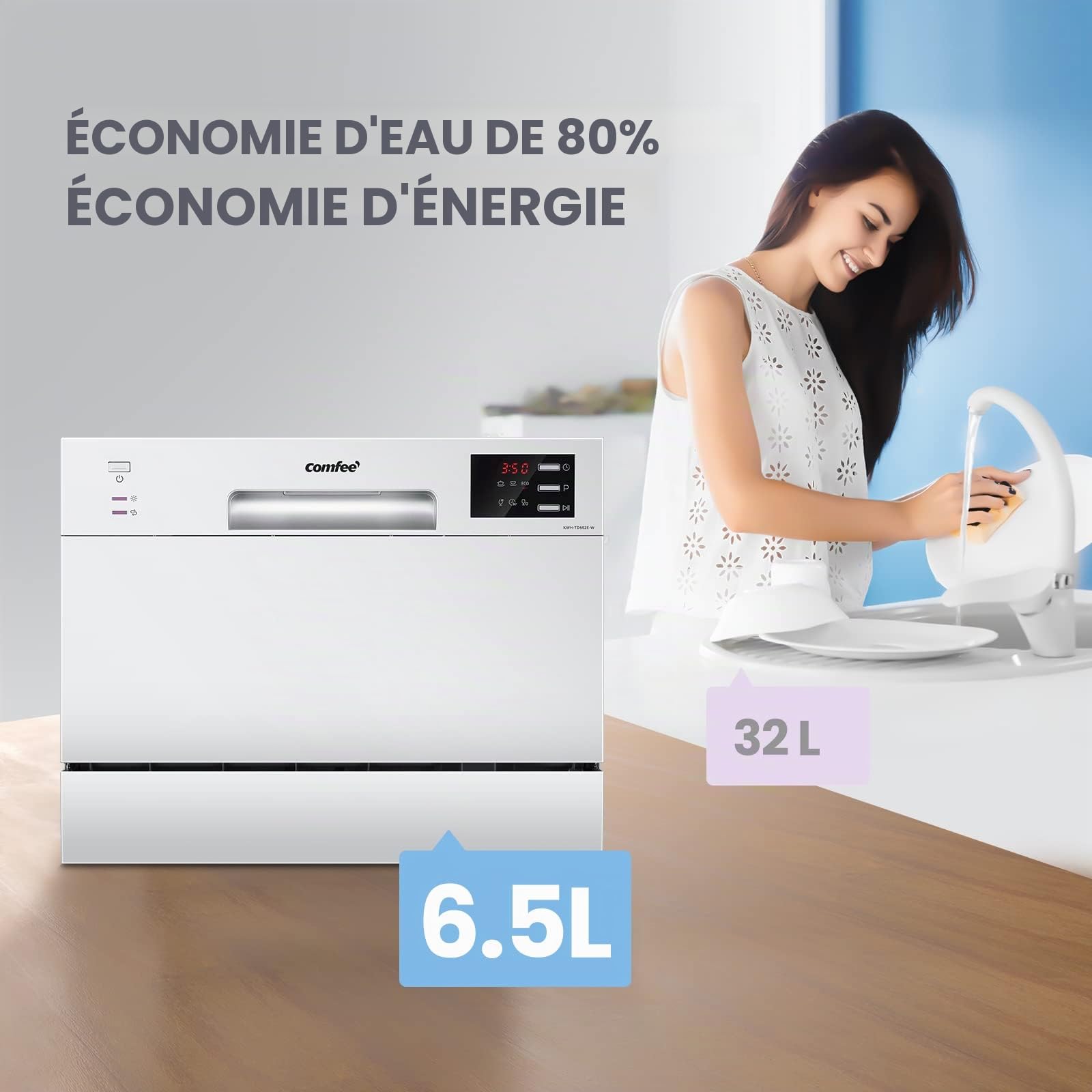 COMFEE' Lave-vaisselle compact de table TD602E-W Mini lave-vaisselle avec 6 couverts, 6 programmes, écran LED, démarrage retardé et fonction de lavage en heures non pointues, blanc