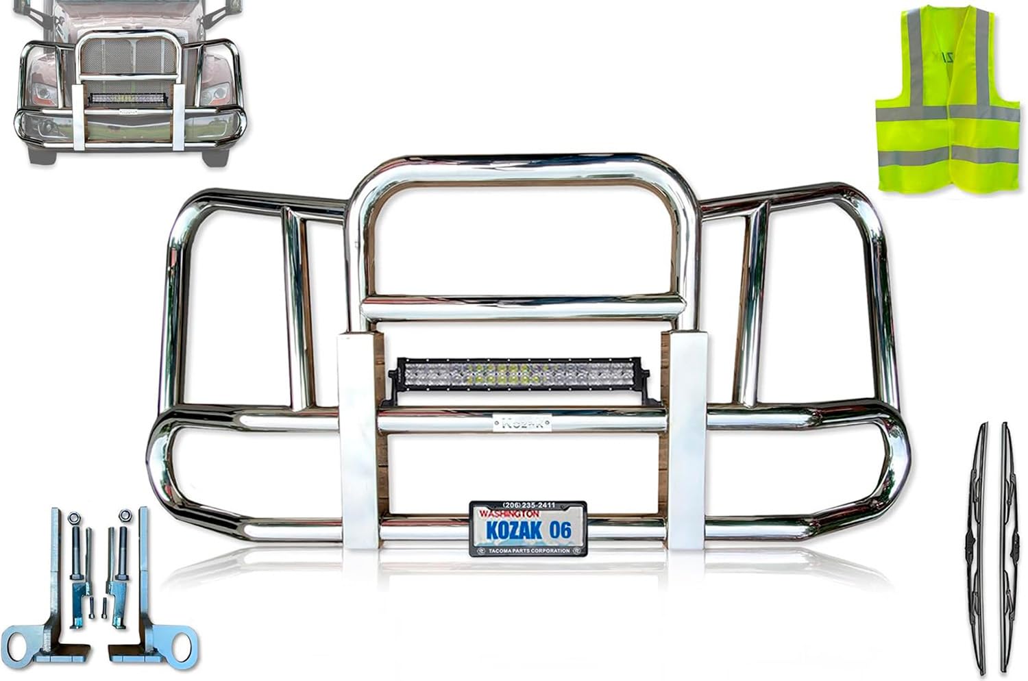 Kozak Compatible with Peterbilt 579 2013-2020 Front Grille Deer Moose Brush Bumper Guard Large Square Plus 22 inch LED bar, 2X 22 inch Windshield Wipers, License Plate Holder and Frame, Vest