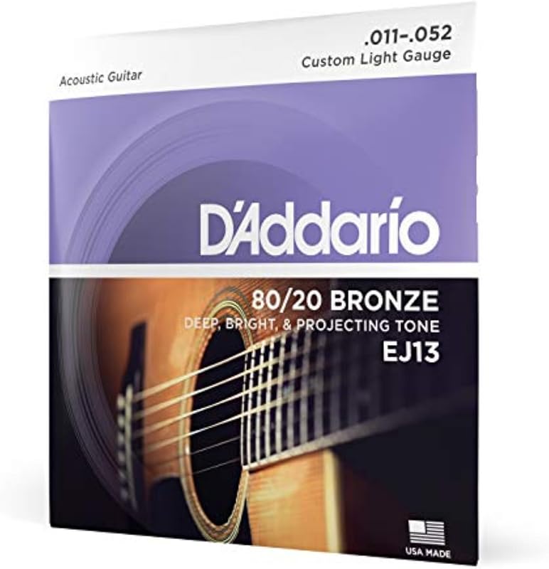 D'Addario EJ13 80/20 Bronze Acoustic Guitar Strings, Custom Light 11-52 | Bright projecting 80/20 bronze acoustic guitar strings deliver crisp tone, reliable performance, and comfortable playability