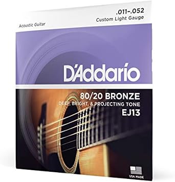 DAddario Acoustic Guitar Strings, 80/20 Bronze, EJ13, Custom Light Gauge 11-52, 6-String Set, Pack of 1