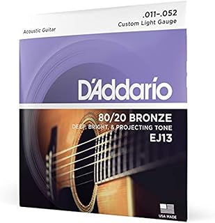 Guitar Strings - Acoustic Guitar Strings - 80/20 Bronze - For 6 String Guitar - Deep, Bright, Projecting Tone - EJ13 - Custom Light, 11-52
