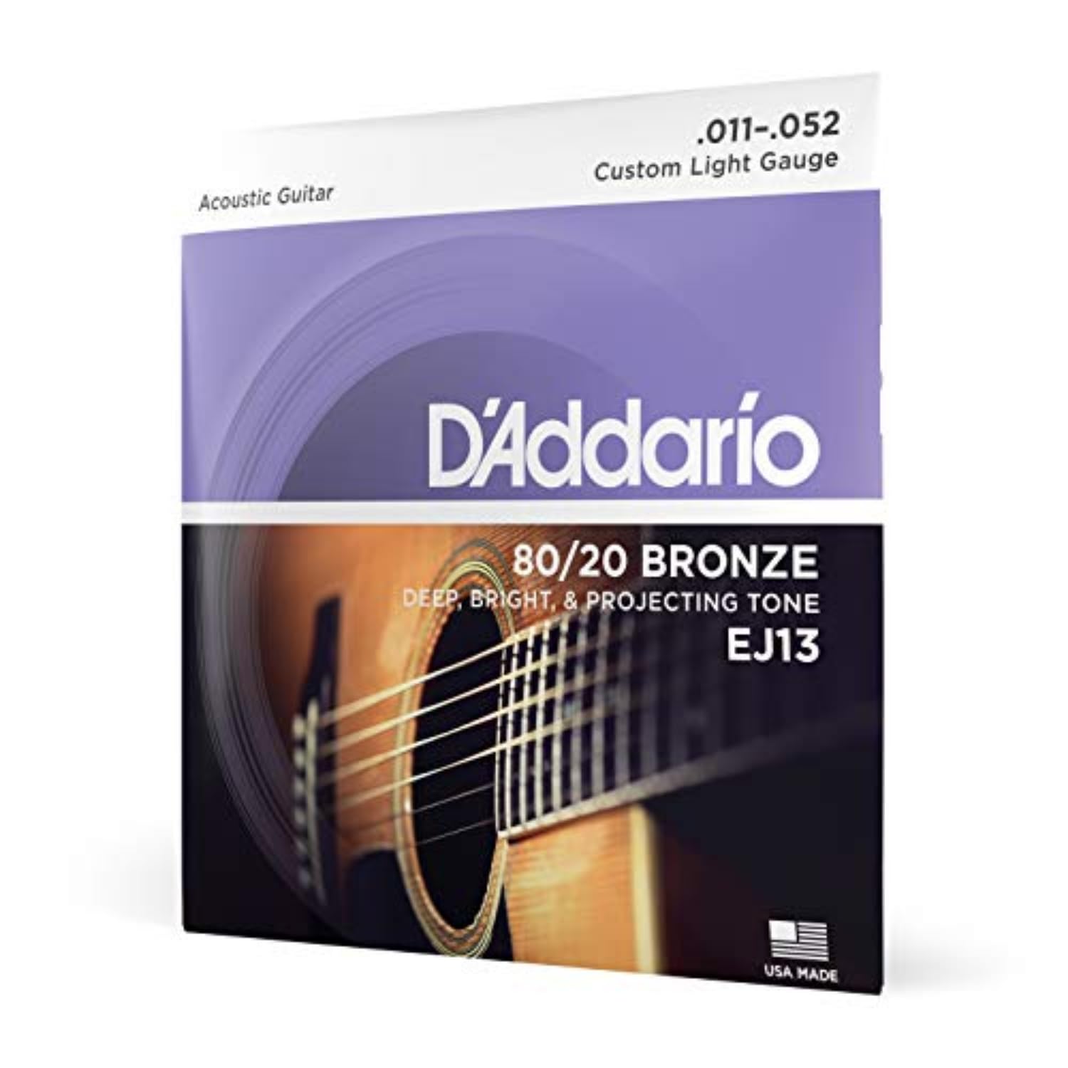 D'AddarioAcoustic Guitar Strings - 80/20 Bronze - For 6 String Guitars - Deep, Bright, Projecting Tone - Deep, Bright, Projecting Tone - EJ13 - Custom Light, 11-52