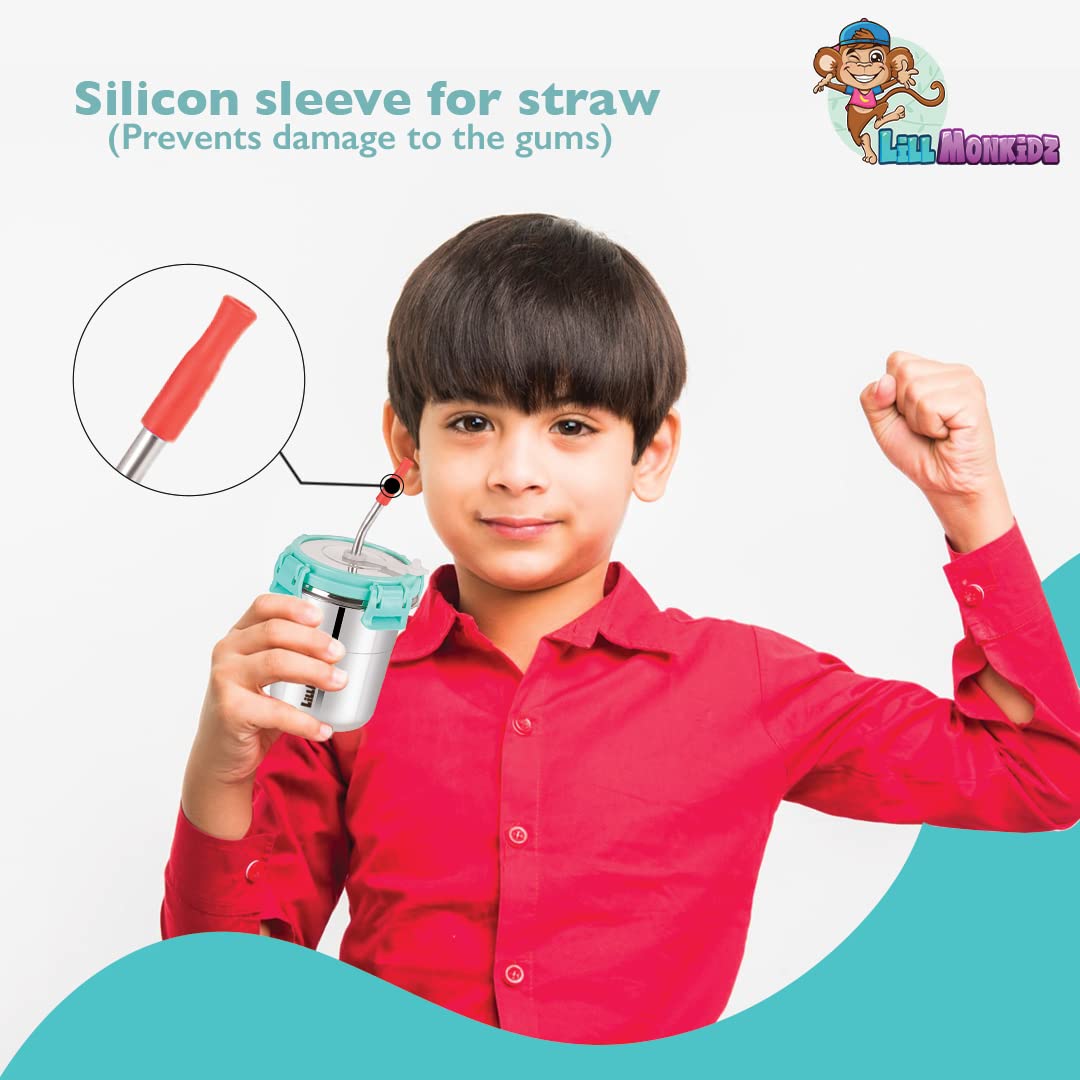 LiLLMONKiDZ Stainless Steel Tumbler for Kids | Tumbler Glass with Straw for Kids | Steel Tumbler with Lid, Straw, Cleaning Brush and Silicon | (Sea Green, 300ml) (Sea Green) - Image 3 thumbnail