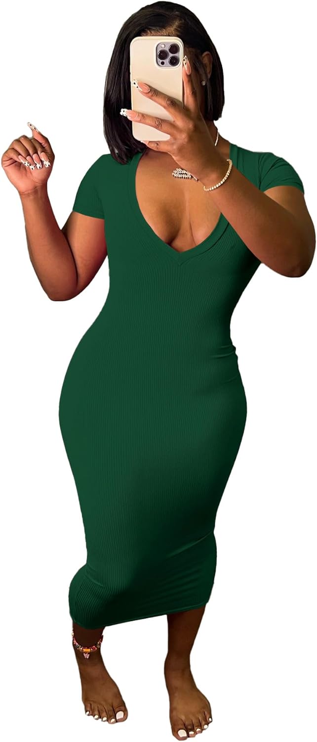 Nimsruc Women's Sexy Summer Casual Short Sleeve Bodycon Dress Deep V-Neck Basic Pencil Midi Club Dresses