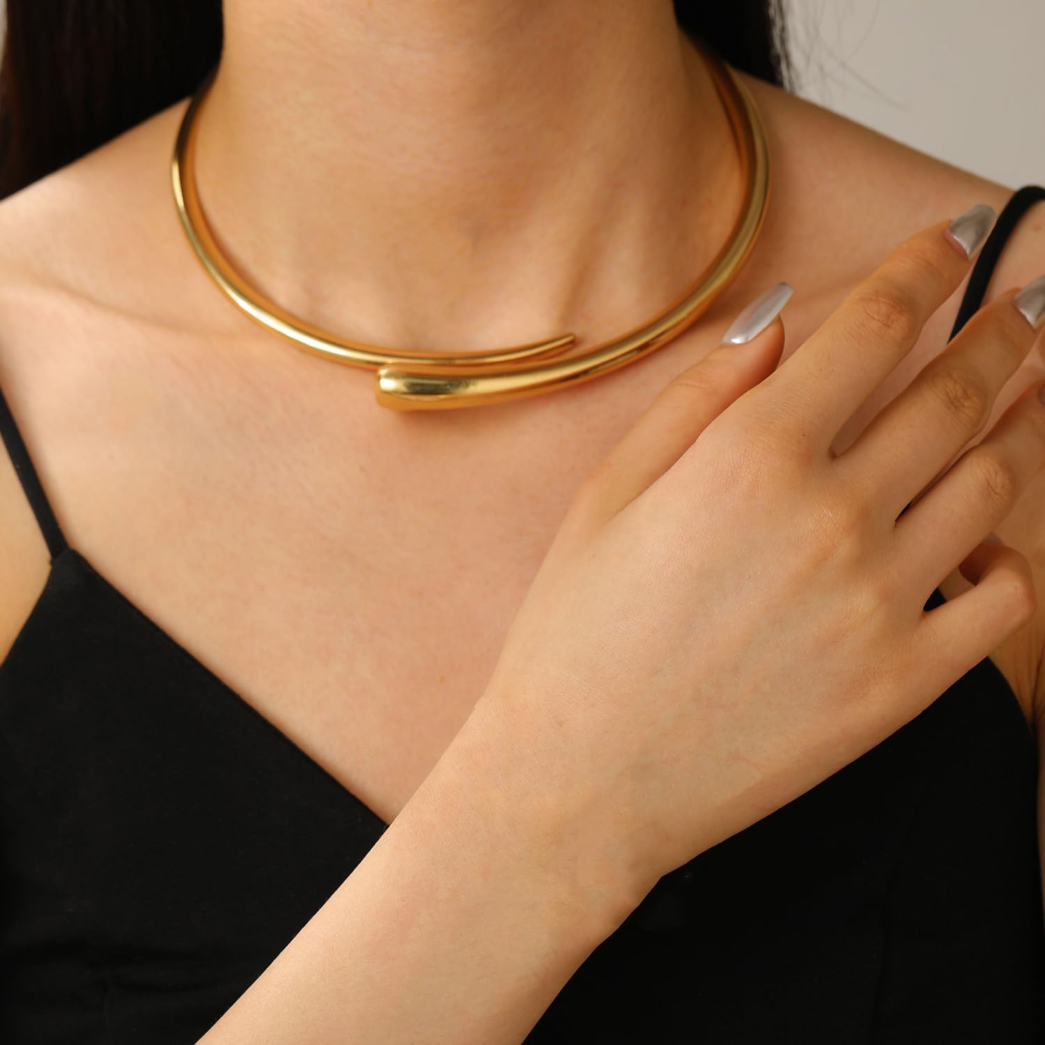Chunky Plated Gold Necklace for Women Trendy Open Cuff Gold Collar Teardrop Thick Choker Gold Plating Statement Necklaces - Image 5