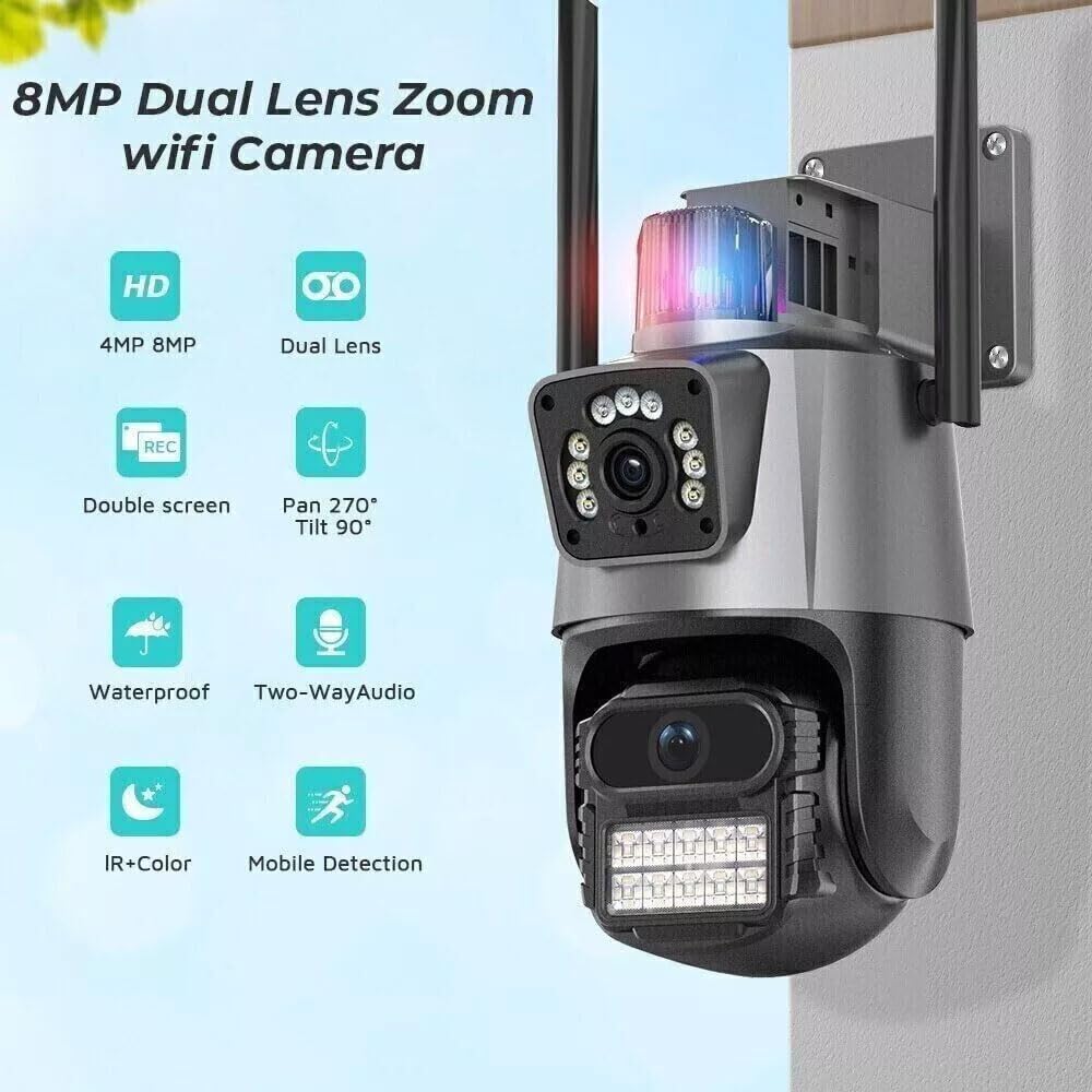 Telecamera IP 8MP 4K esterno WiFi PTZ 2 obiettivo doppio schermo 8X zoom CCTV Applicazione ICSEE 2 Pezzi