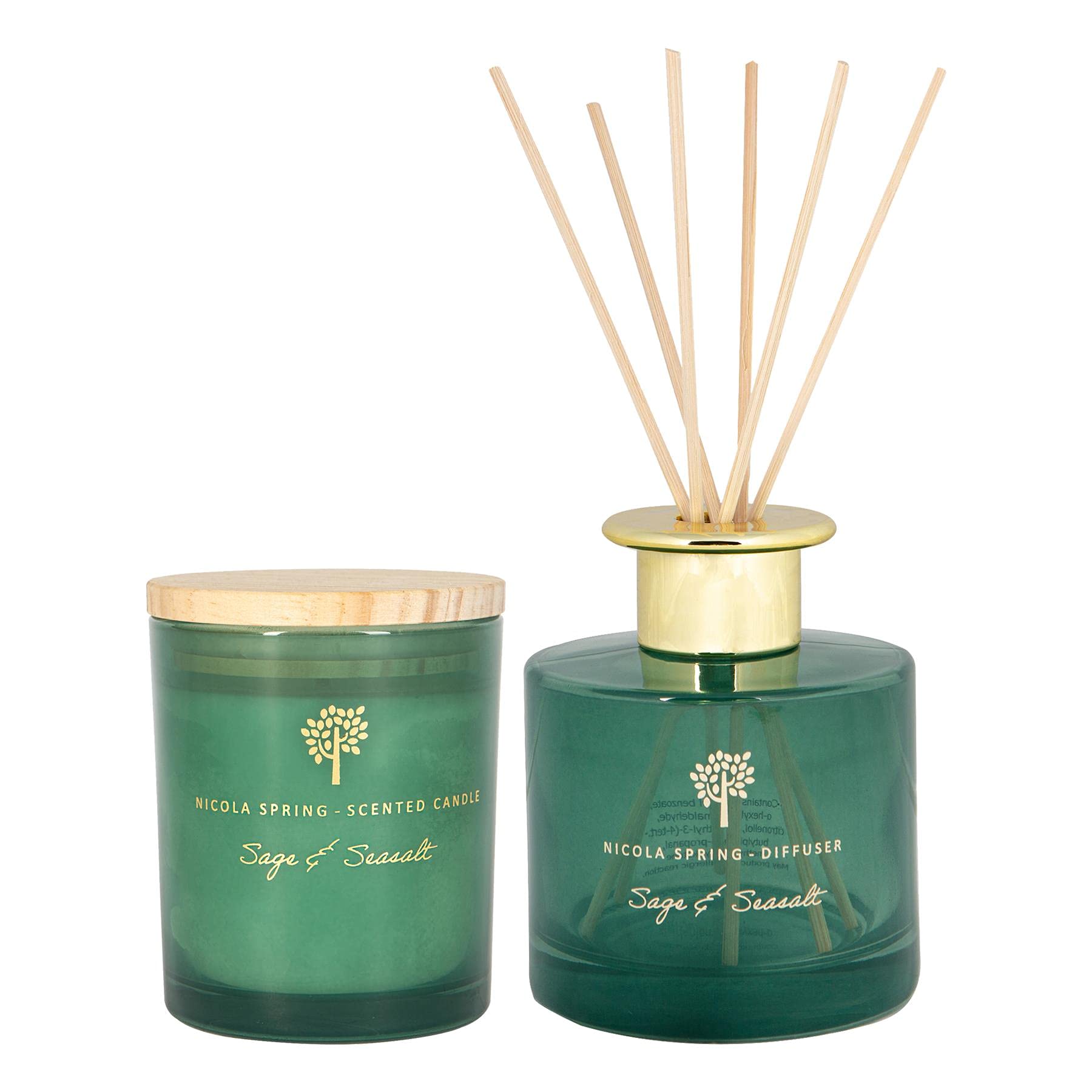 Nicola Spring Sage & Seasalt Scented Candle & Reed Diffuser Set - 130g Soy Wax Candle 21 Hour Burning Time Small Relaxing Fragrance Gift Set Aromatherapy 200ml Fragrant Diffuser