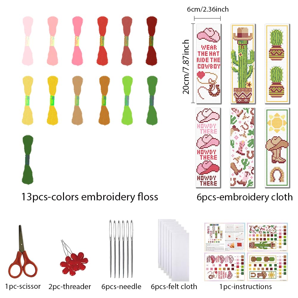 FREEBLOSS 6 Set Cross Stitch Bookmark Stamped Cross Stitch Kit with Western Cowboy Patterns Embroidery Kit with Instruction DIY Bookmark Kit for Gift Adults 8.66''x3.14''