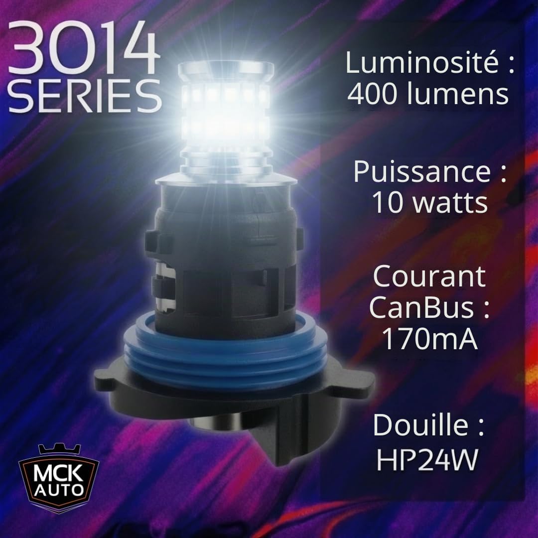 Feu de circulation diurne HP24W LED CANbus - blanc - très brillant et sans erreurs PSA - pour une meilleure conduite