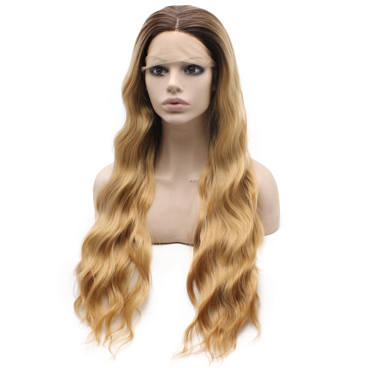 MX angel Long Wavy Blonde Ombre Synthetic Lace Front Two Tone Half Hand Tied Heat Resistant Fiber Hair Wig