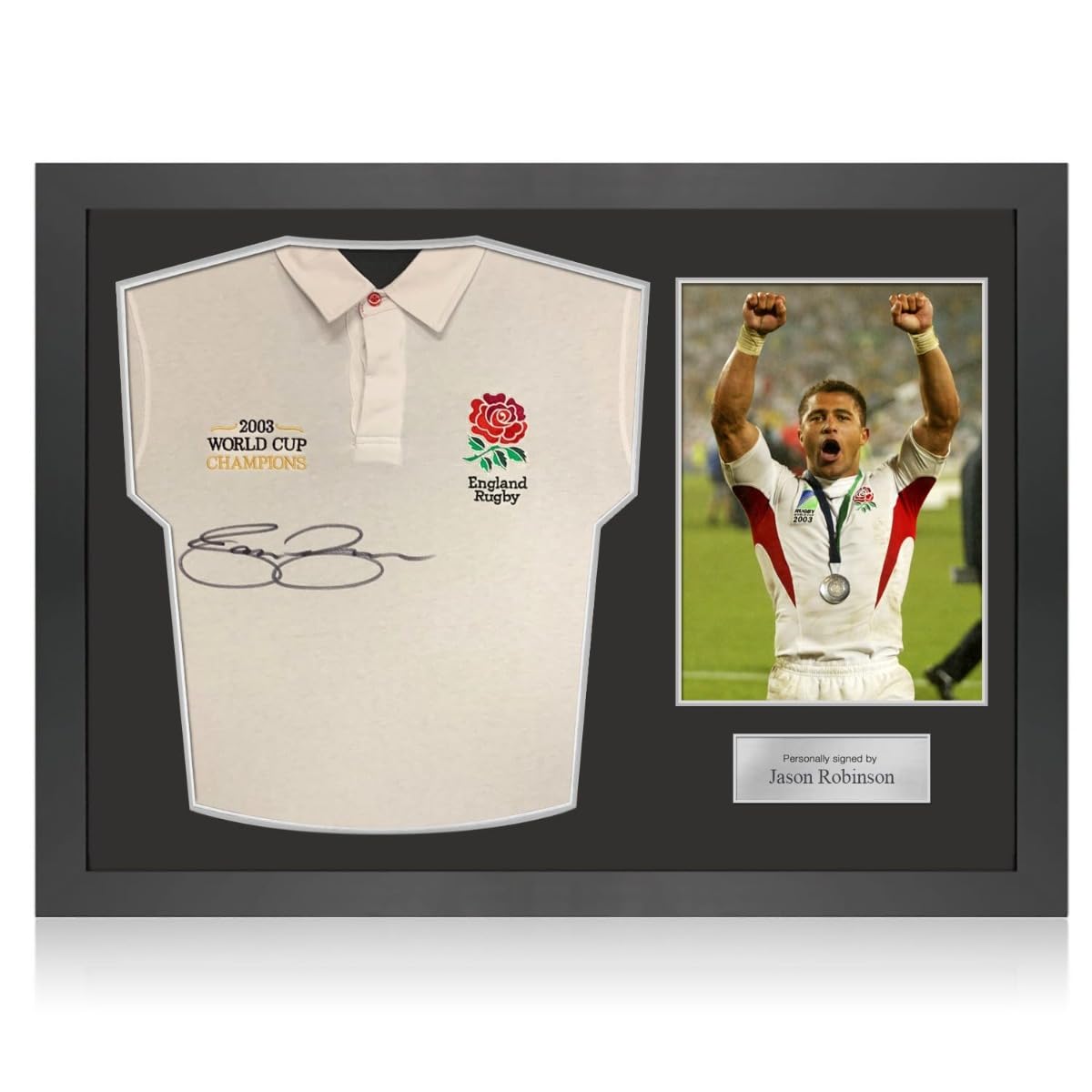 Exclusive Memorabilia Jason Robinson Signed England Rugby Shirt: World Cup Champions Embroidery. Icon Frame